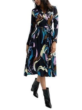 Nine West Collared Midi Shirt Dress Belted Fit & Flare Satin Feel - Women’s L